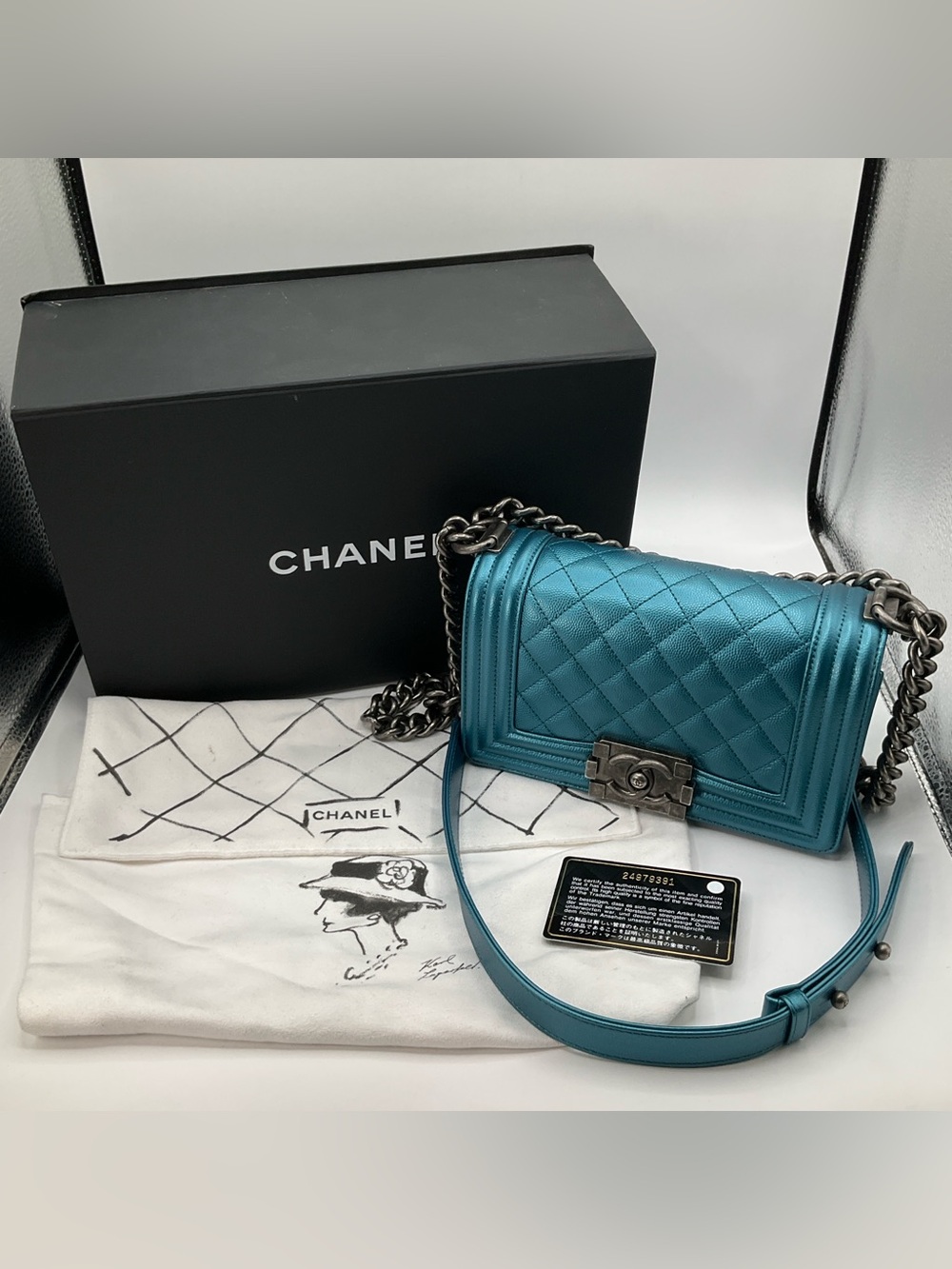Chanel Small Boy Bag Metallic Turquoise Blue Quilted Caviar Leather Purse